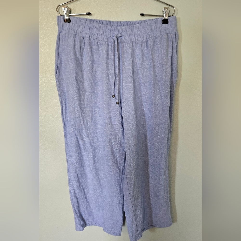 Susan Graver Pure | Blue Wide Leg Linen Pants Size Medium Petite